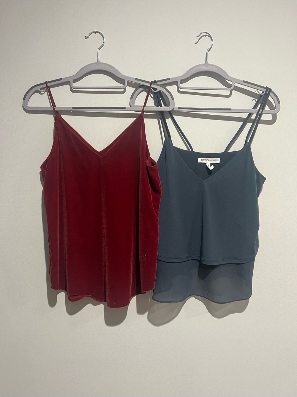 BCBGeneration Slate Blue Layered and Express Red Velvet V-Neck Camis